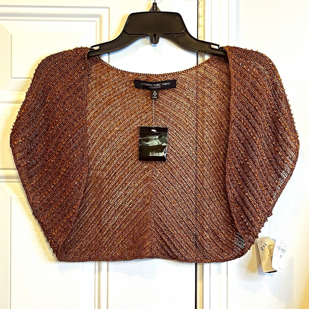 NWT Carmen Marc Valvo Beaded Metallic Shrug Bolero Bronze Brown Evening XL $290